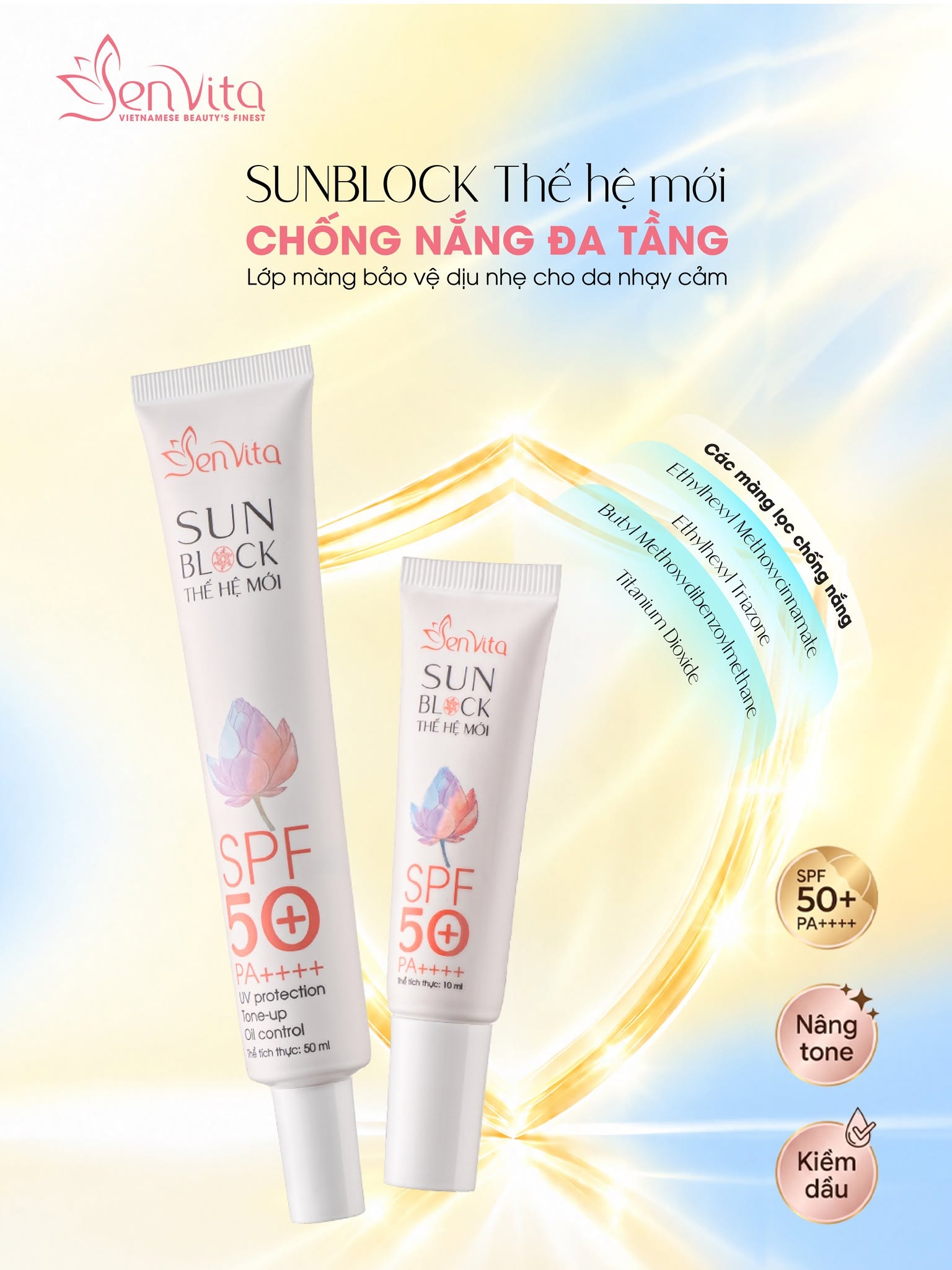 Kem chống nắng Senvita Sunblock thế hệ mới với các màng lọc chống nắng đa tầng bảo vệ da nhạy cảm