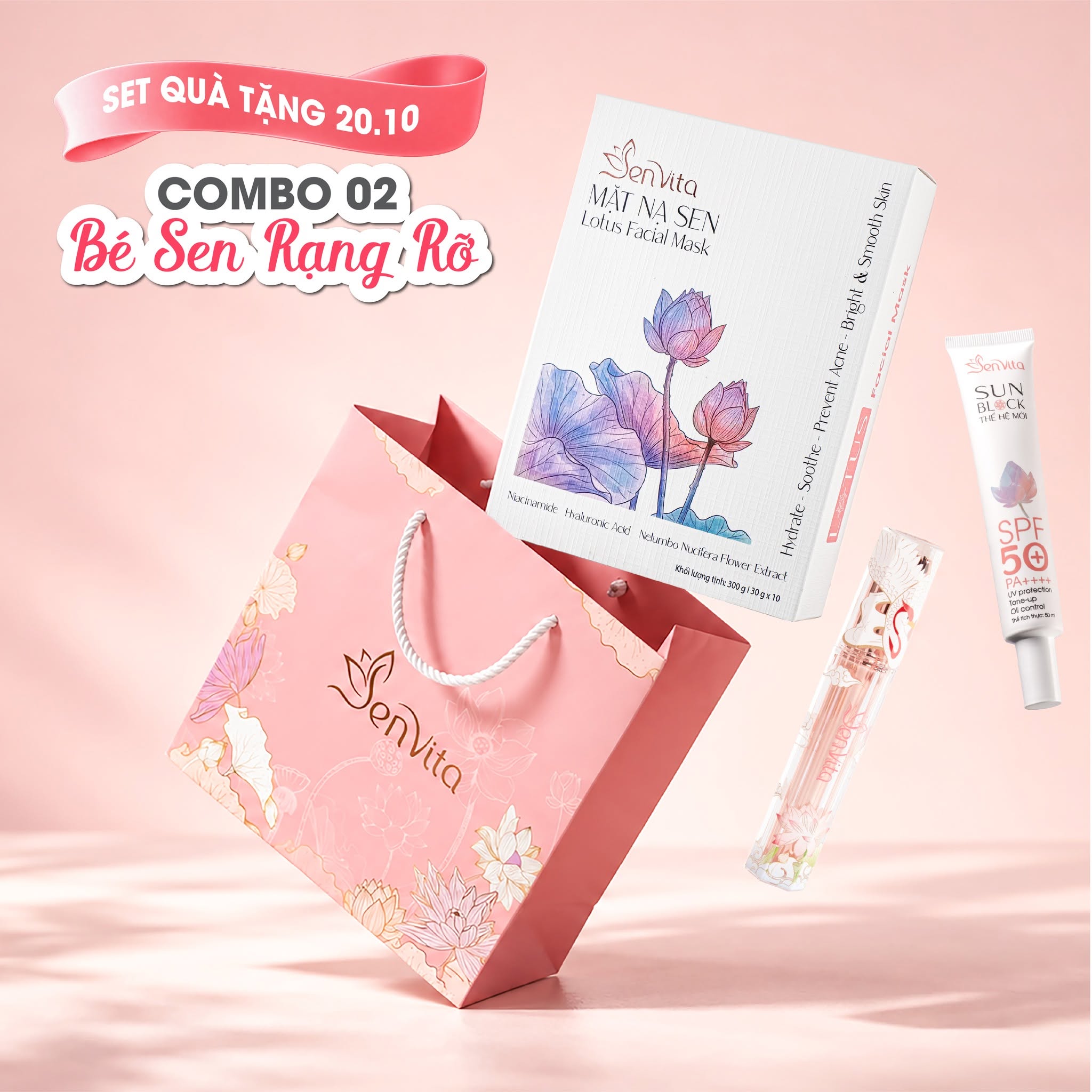 Set quà tặng 20/10 Combo Bé Sen Rạng Rỡ gồm kem chống nắng, mặt nạ sen và son môi thời thượng Senvita