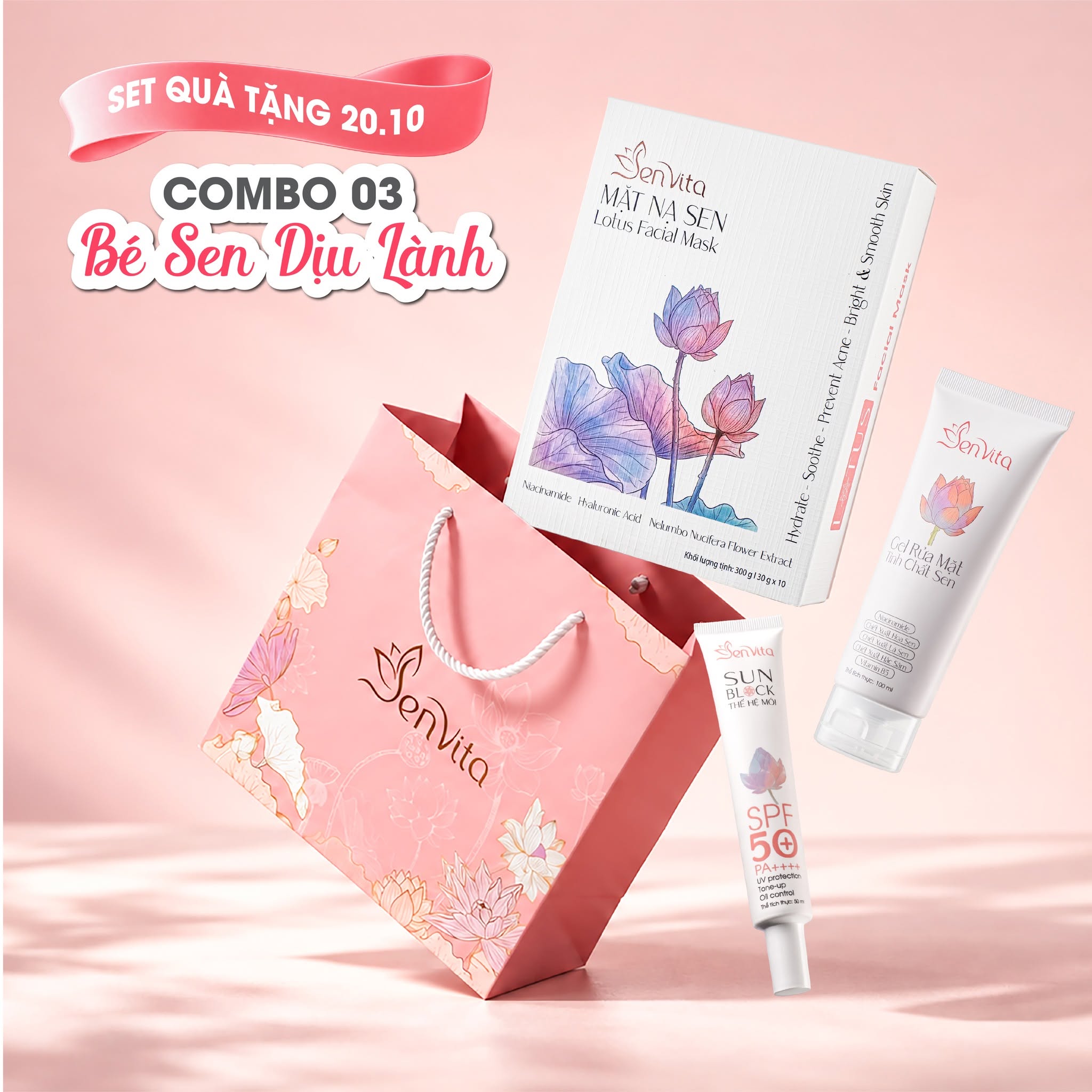 Set quà tặng 20/10 Combo Bé Sen Dịu Lành chăm sóc da toàn diện với kem chống nắng, mặt nạ và gel rửa mặt Senvita